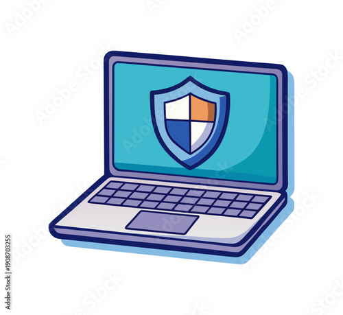 A digital 3D illustration of a laptop with a shield icon on the screen representing secure network technology and online business communication for protected internet web data