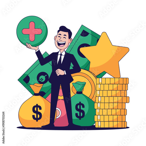 A cartoon businessman standing in front of a pile of money and coins with a plus sign