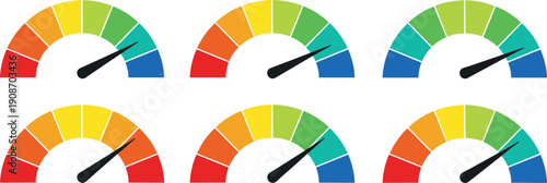 Vector illustration of gauge indicator icons in colorful minimalist design symbolizing performance, measurement, risk levels, and dashboard metrics