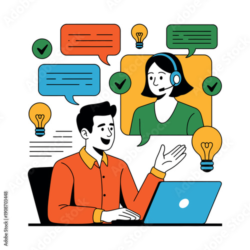 A man and woman engage in a video call with speech bubbles and lightbulbs around them.