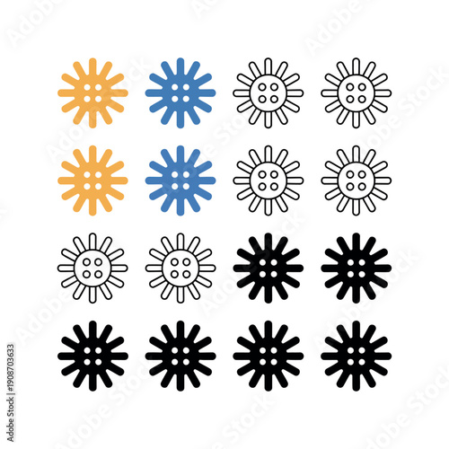 A collection of colorful virus icons in various shades and line styles on a white background