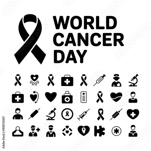 A black and white graphic illustration for World Cancer Day with various medical symbols and icons.