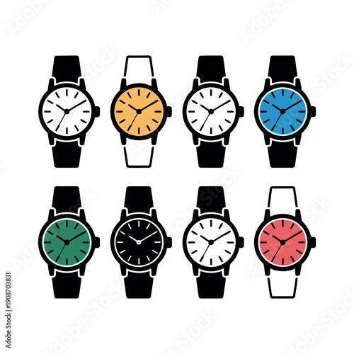A collection of colorful watches with black and white bands on a plain white background