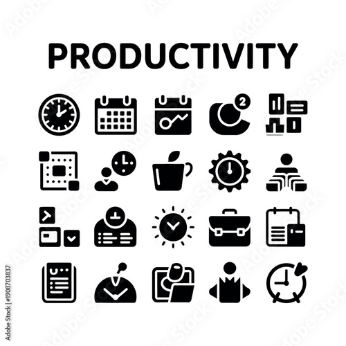 A collection of black productivity icons on a white background with the word PRODUCTIVITY