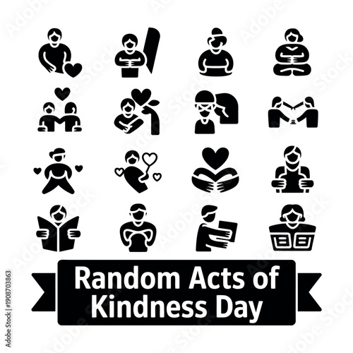 A graphic illustration celebrating Random Acts of Kindness Day with various icons of people showing compassion