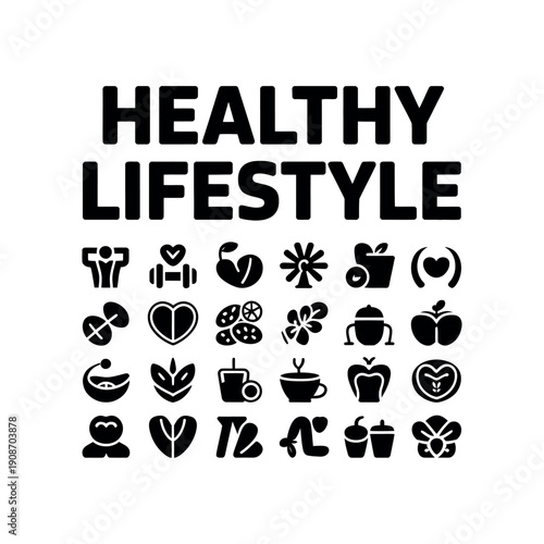 A graphic illustration representing a healthy lifestyle with various icons and symbols.