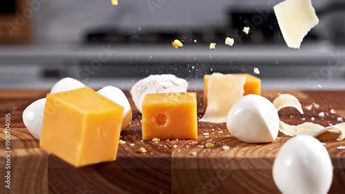 cheese falling low motion on the wooden board table