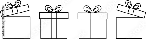 Vector illustration of gift boxes with bows, open and closed lids, holiday present icons, celebration design elements for festive artwork