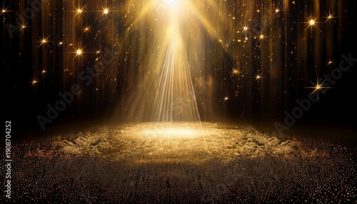 a celestial stage with golden dust and a bright light beam descending from above