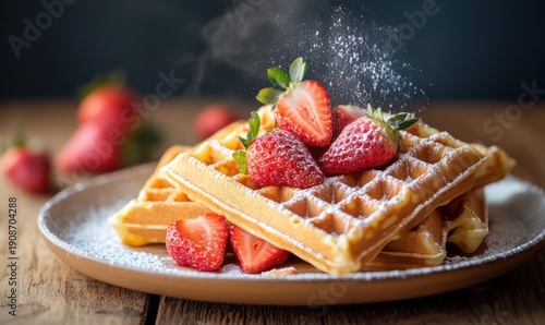 Plate of golden waffles served with fresh strawberries and a dusting of powdered sugar, placed on a rustic wooden table under warm morning light