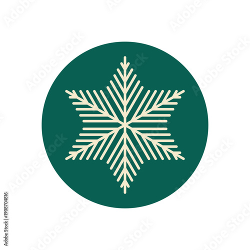 Christmas sticker with beige snowflake outline on a green circle creates a festive holiday decoration. Winter badge design doubles as box seal or seasonal element for box or package.