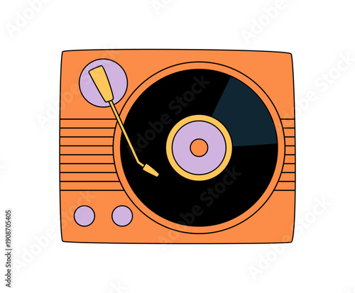 Groovy retro vinyl player cartoon orange style. Music and nostalgia meet in a vibrant party and audio symbol, with a y2k record groovy element for playful, vintage creative look.