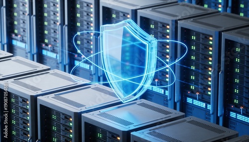 Cloud computing security concept with holographic shield protecting servers, secure data center, encryption and modern cybersecurity technology illustration