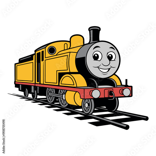 A cartoon illustration of Thomas the Tank Engine on train tracks with a cheerful expression