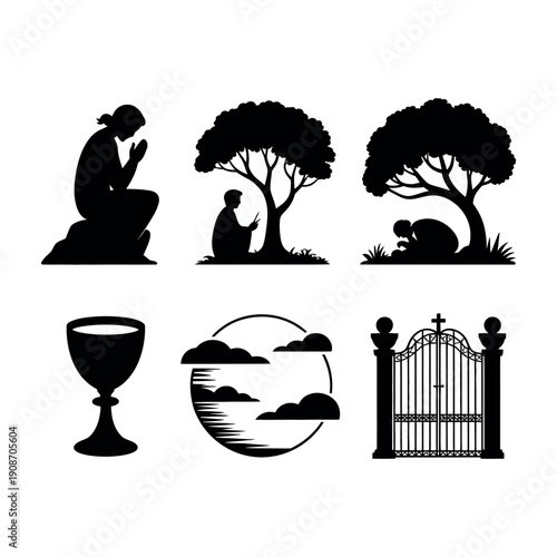 A collection of black silhouettes depicting scenes of prayer, nature, and communion on a white background