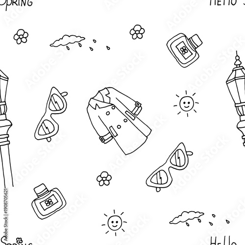 Seamless pattern Spring in the city with a trench coat. Simple doodle style vector black and white. 