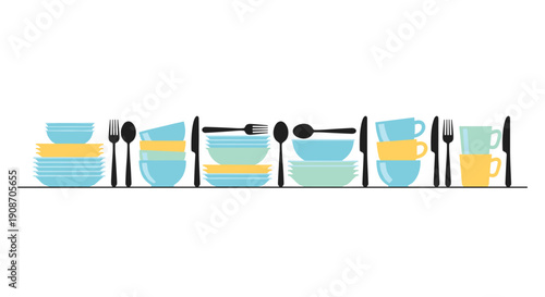 Horizontal line of stacked colorful plates, bowls, cups, forks, knives, and spoons arranged neatly on a white background.