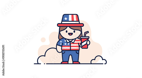 Patriotic Child Cartoon with American Flag Outfit and Drink