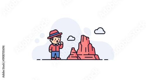 Cute Cartoon Child Visiting Red Rock Formation in Desert Landscape