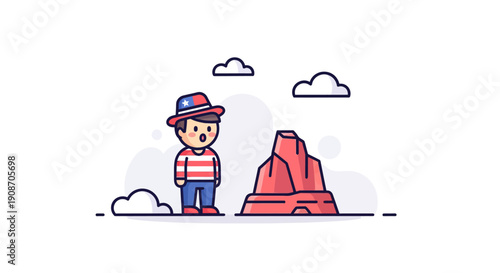 Cartoon Boy Explorer at Rock Formation in Outdoor Landscape