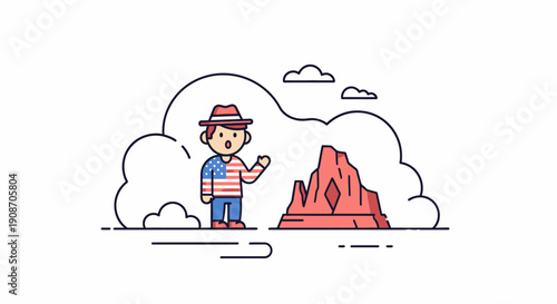 Child in patriotic outfit exploring rocky landscape outdoor