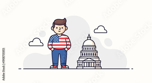 Young Boy Standing Near Capitol Building Illustration