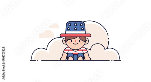 Cute Child Sitting on Cloud Wearing Star-Spangled Hat