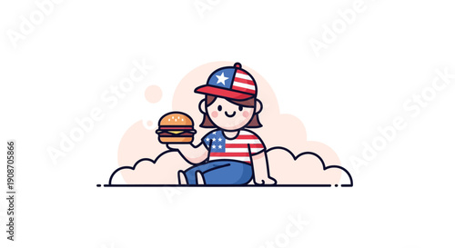 Cute Child Wearing Patriotic Cap and Jeans Holding a Cheeseburger