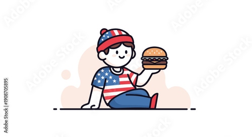 Cute Child Sitting with Burger and Wearing American Flag Hat