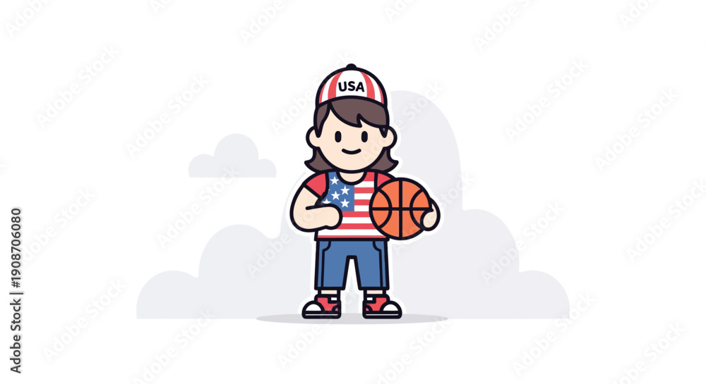 Fototapeta premium Cute Young Boy Holding Basketball in Playful Cartoon Style