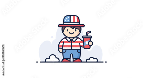Cute Cartoon Boy in Summer Outfit Holding a Drink