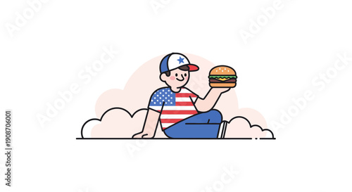 Young Boy Sitting on Cloud with Hamburger in Hand, Casual Cartoon Illustration