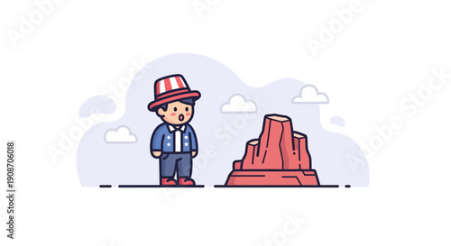 Cartoon Style Boy Standing Near Monument in Nature Scene