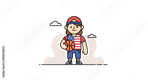 Cute Kid Playing Basketball Outdoor with Cap and Striped Shirt