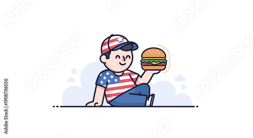 Young Boy Enjoying a Juicy Cheeseburger in Casual Attire