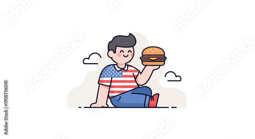 Cute Boy Sitting with Burger, Casual Food Enjoyment Illustration