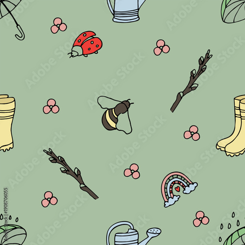 Seamless spring pattern with ladybug in spring pastel colors Simple doodle style vector.