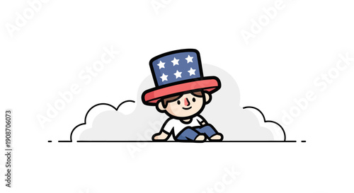 Whimsical Child Wearing Patriotic Uncle Sam Hat in Cloud Scene