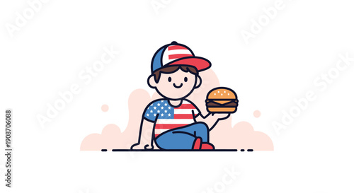 Cute Boy Sitting with Burger in Patriotic Clothing