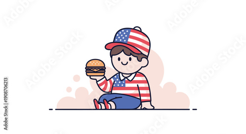 Cute Child Eating Hamburger Wearing American Flag Hat