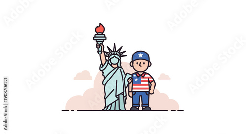Child Standing Next to the Statue of Liberty with American Flag T-Shirt