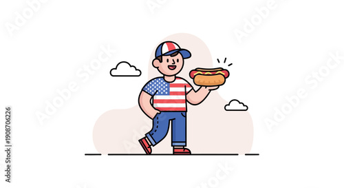 Child Holding Hot Dog, Fun Outdoor Scene, Cartoon Style