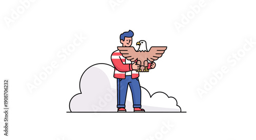 Illustration of a person holding a bird, cloud background