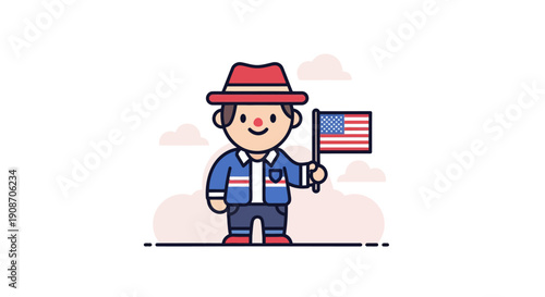Cartoon Child Holding American Flag in Patriotic Celebration