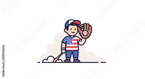 Young baseball player in patriotic uniform holding glove and bat