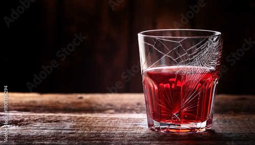 Cracked Glass With Red Drink On Rustic Wooden Table