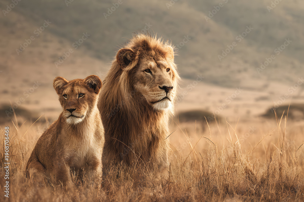 Obraz premium Majestic lion and lion cub in golden grassland during sunset in the African savanna