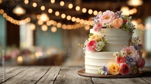 Elegant two tiered wedding cake decorated with colorful roses and pastel flowers in a rustic setting