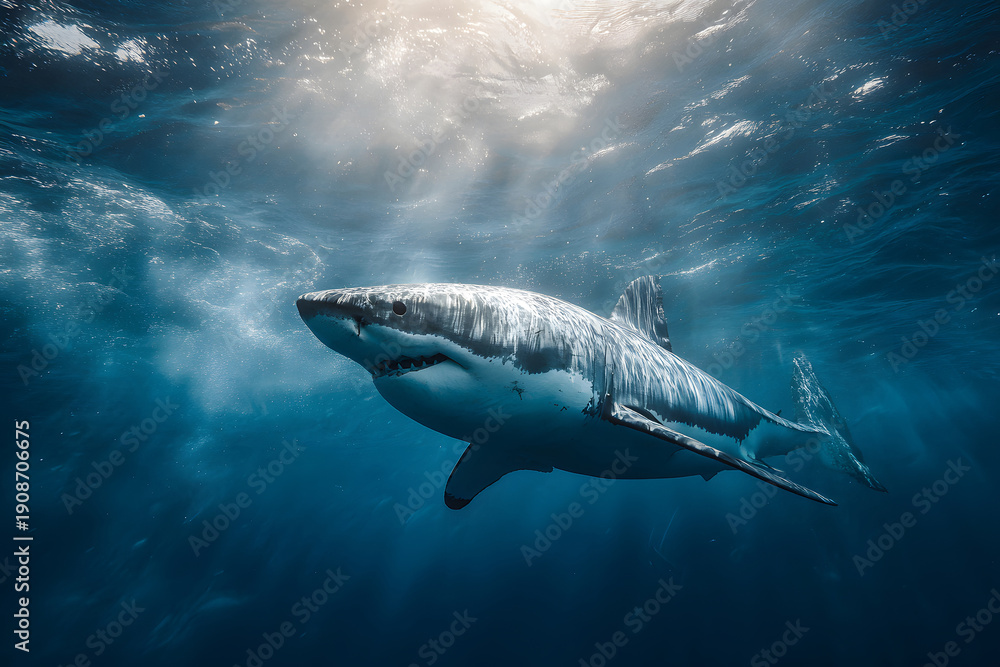 Obraz premium Great white shark swimming gracefully in clear blue ocean waters