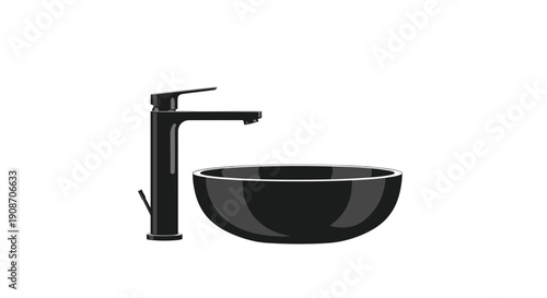 Modern black kitchen or bathroom faucet with a matching black round bowl sink on a clean white background.